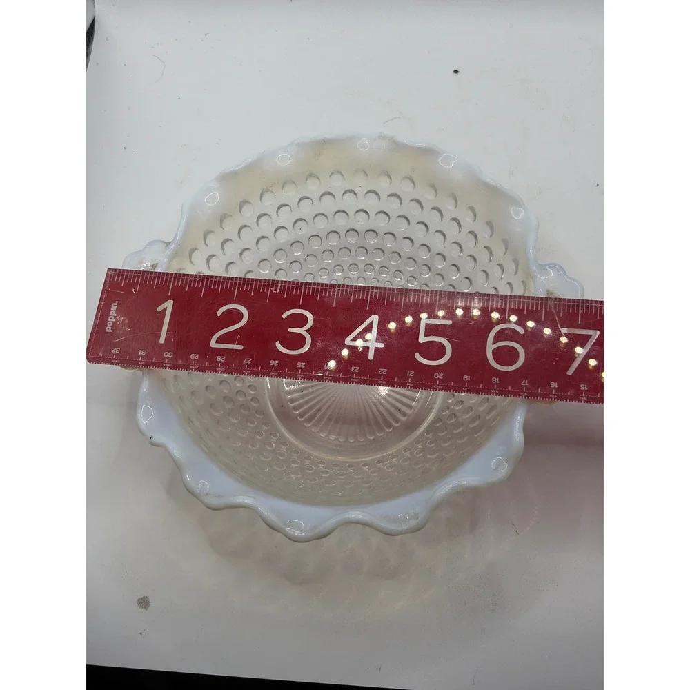 White Opalescent Hobnail Ruffled Double Handled Candy Dish Nappy Bowl